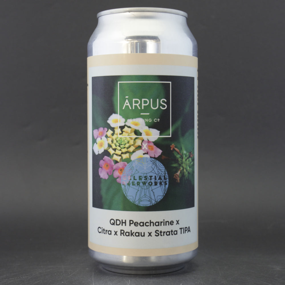 This is a can of Arpus Brewing Co / Celestial - QDH Peacharine X Citra X Rakau X Strata TIPA - 10% (440ml). It is a Triple IPA craft beer available to buy from Ghost Whale, voted London's best craft beer shop.