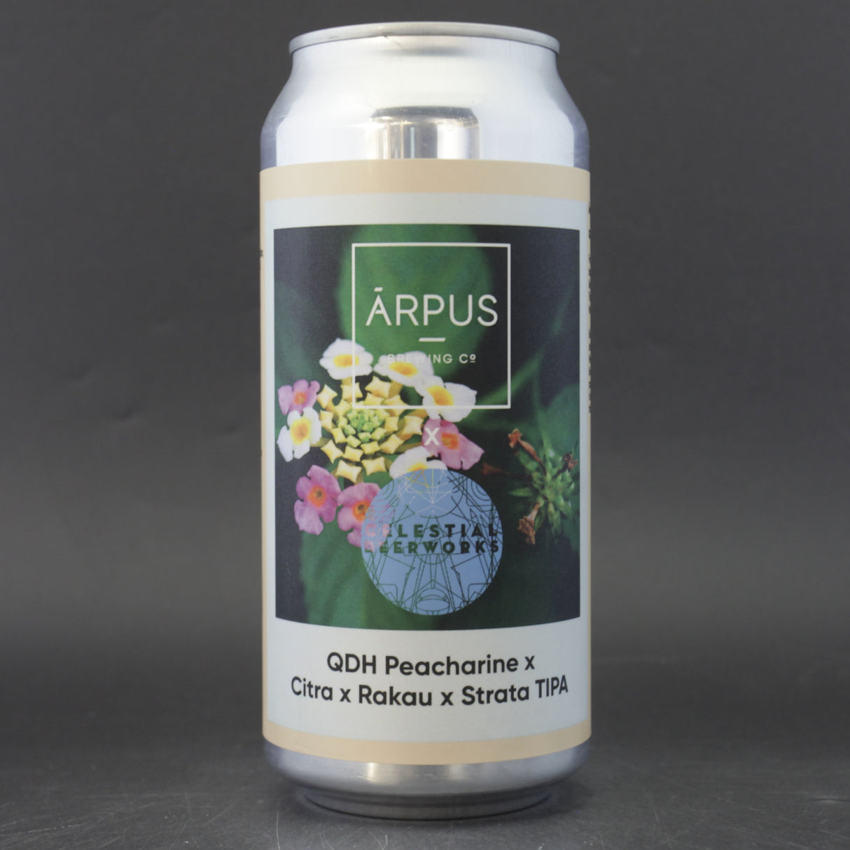 This is a can of Arpus Brewing Co / Celestial - QDH Peacharine X Citra X Rakau X Strata TIPA - 10% (440ml). It is a Triple IPA craft beer available to buy from Ghost Whale, voted London's best craft beer shop.