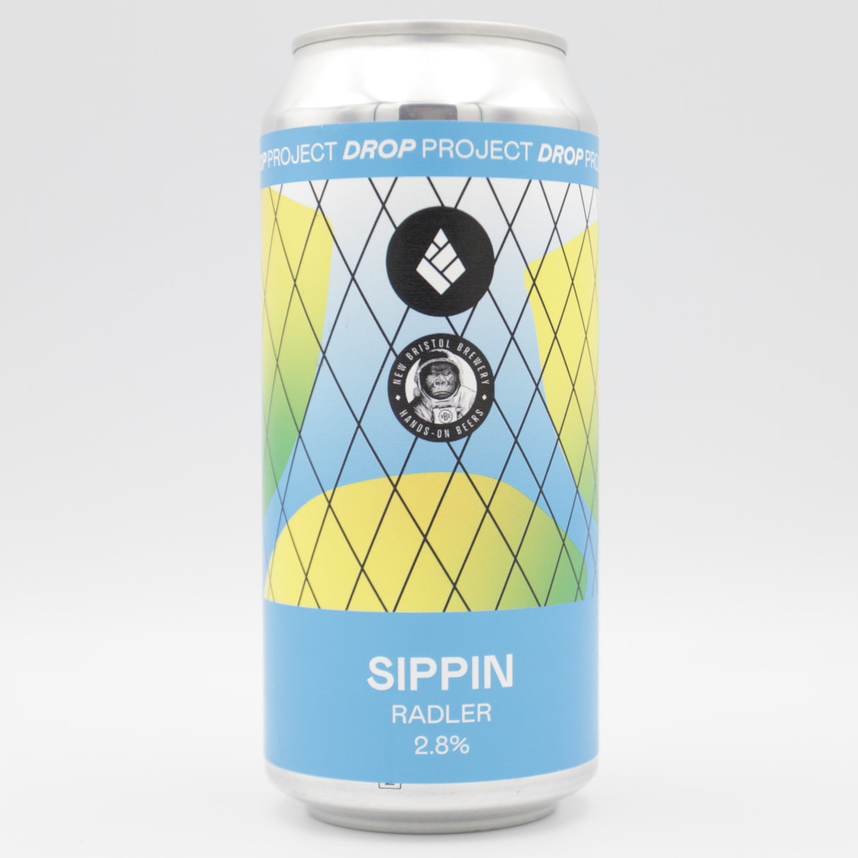 This is a can of Drop Project / New Bristol Brewery - Sippin - 2.8% (440ml). It is a Radler craft beer available to buy from Ghost Whale, voted London's best craft beer shop.