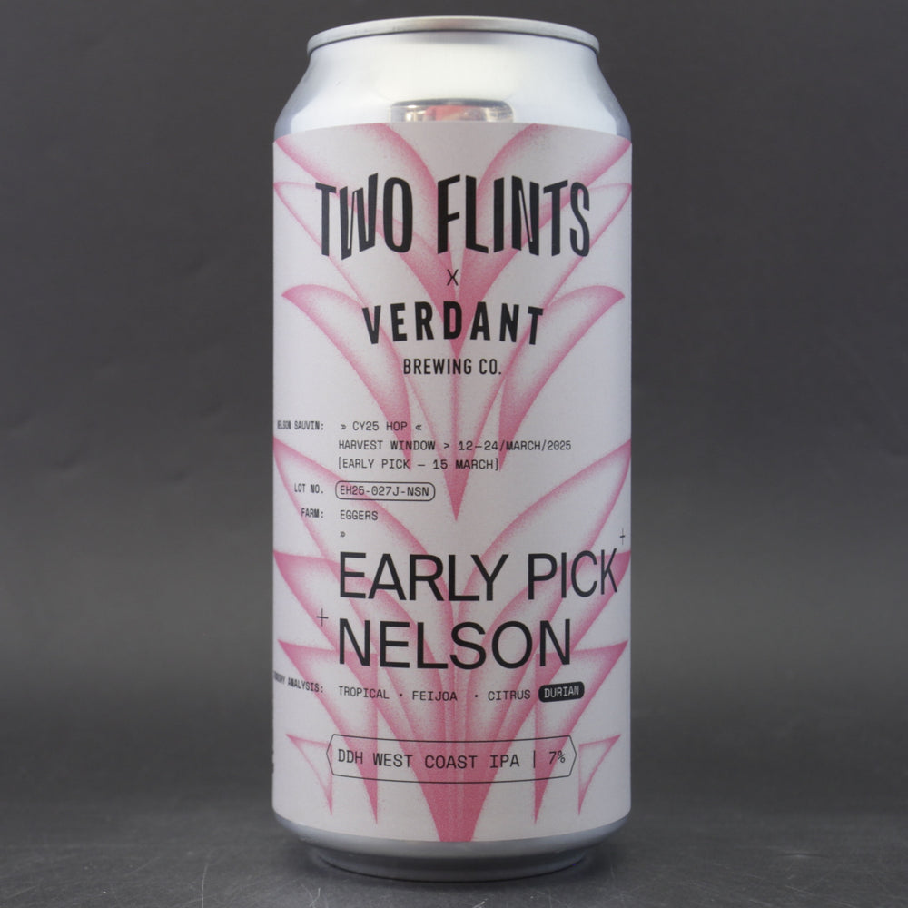 This is a can of Two Flints / Verdant - Early Pick Nelson - 7% (440ml). It is a IPA craft beer available to buy from Ghost Whale, voted London's best craft beer shop.