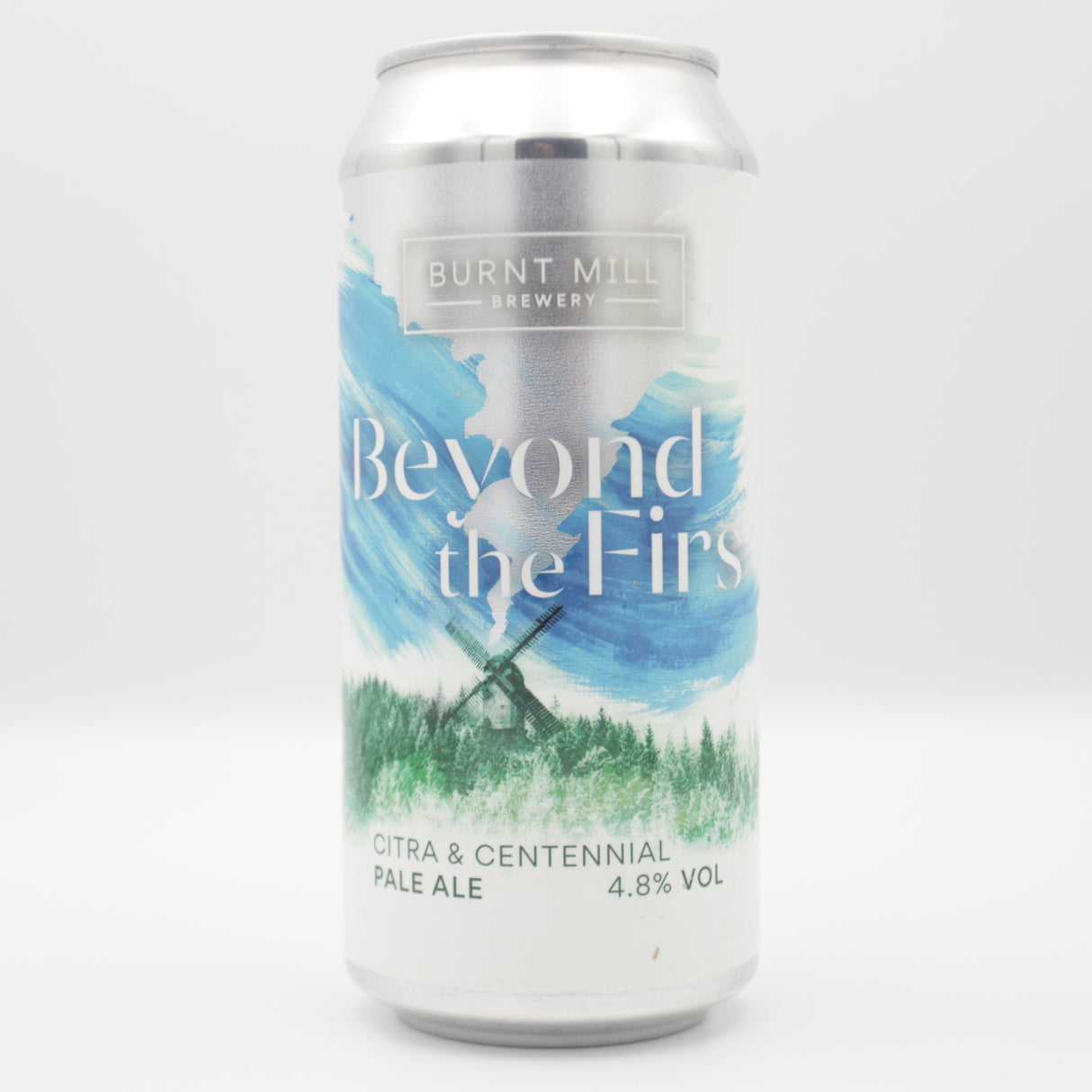 This is a can of Burnt Mill - Beyond The Firs - 4.8% (440ml). It is a Pale Ale craft beer available to buy from Ghost Whale, voted London's best craft beer shop.