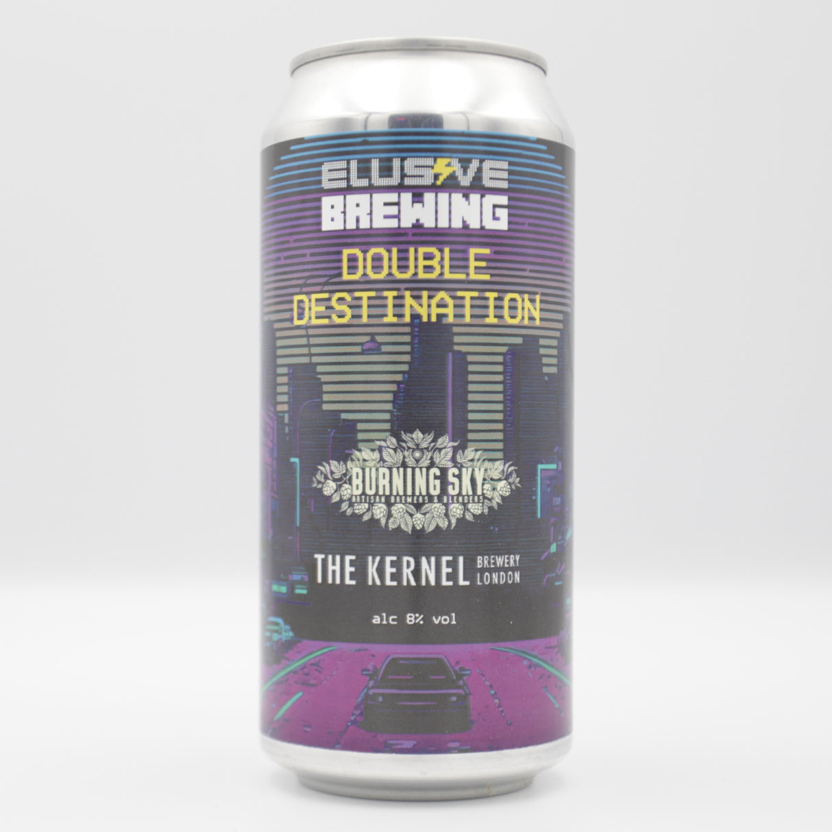This is a can of Elusive Brewing - Double Destination - 8% (440ml). It is a Double IPA craft beer available to buy from Ghost Whale, voted London's best craft beer shop.