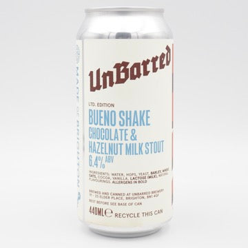 This is a can of UnBarred - Bueno Shake - 6.4% (440ml). It is a Stout / Porter craft beer available to buy from Ghost Whale, voted London's best craft beer shop.