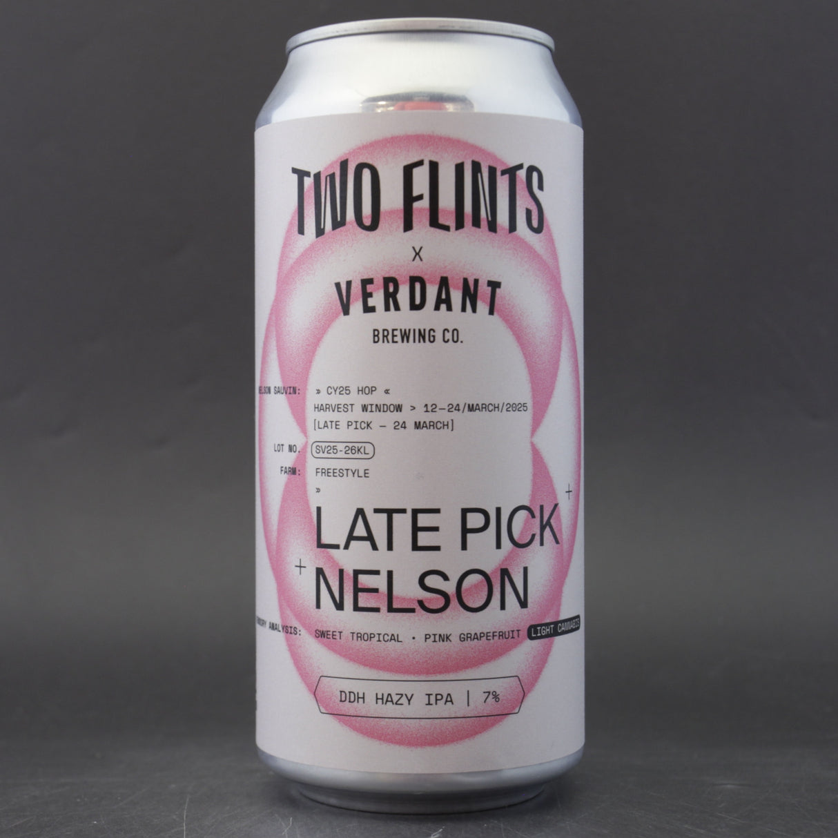 This is a can of Two Flints / Verdant - Late Pick Nelson - 7% (440ml). It is a IPA craft beer available to buy from Ghost Whale, voted London's best craft beer shop.