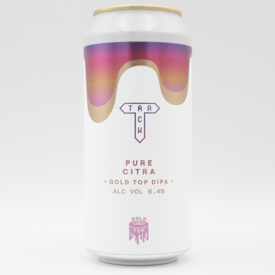 This is a can of Track - Gold Top: Pure Citra - 8.4% (440ml). It is a Double IPA craft beer available to buy from Ghost Whale, voted London's best craft beer shop.
