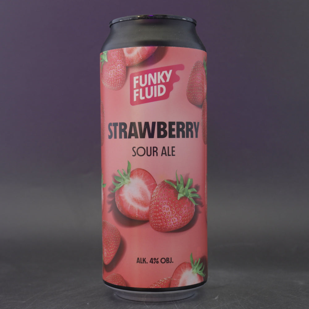 This is a can of Funky Fluid - Strawberry Sour Ale - 4% (500ml). It is a Sour craft beer available to buy from Ghost Whale, voted London's best craft beer shop.