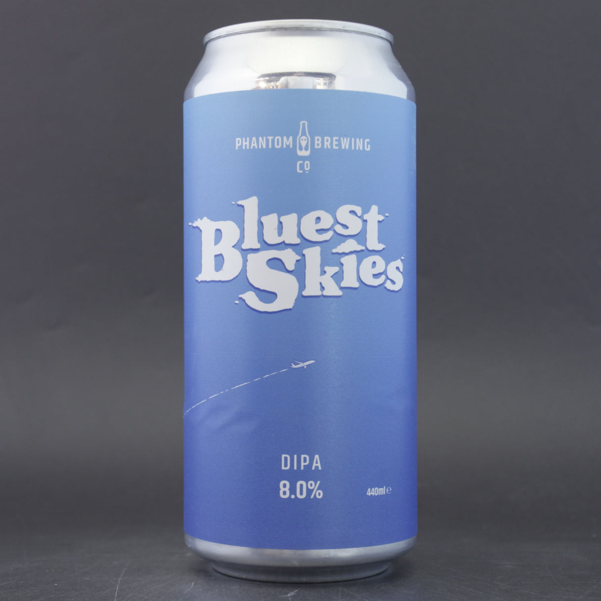 This is a can of Phantom Brewing Co - Bluest Skies - 8% (440ml). It is a Double IPA craft beer available to buy from Ghost Whale, voted London's best craft beer shop.