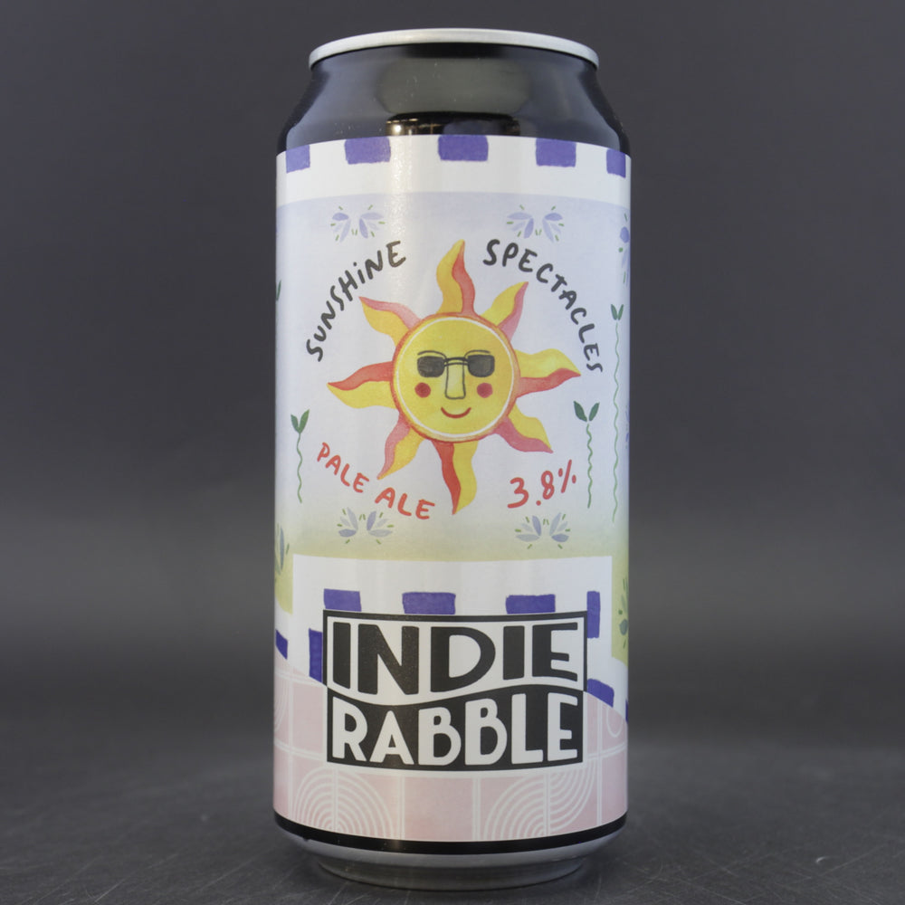 This is a can of Indie Rabble - Sunshine Spectacles - 3.8% (440ml). It is a Pale Ale craft beer available to buy from Ghost Whale, voted London's best craft beer shop.