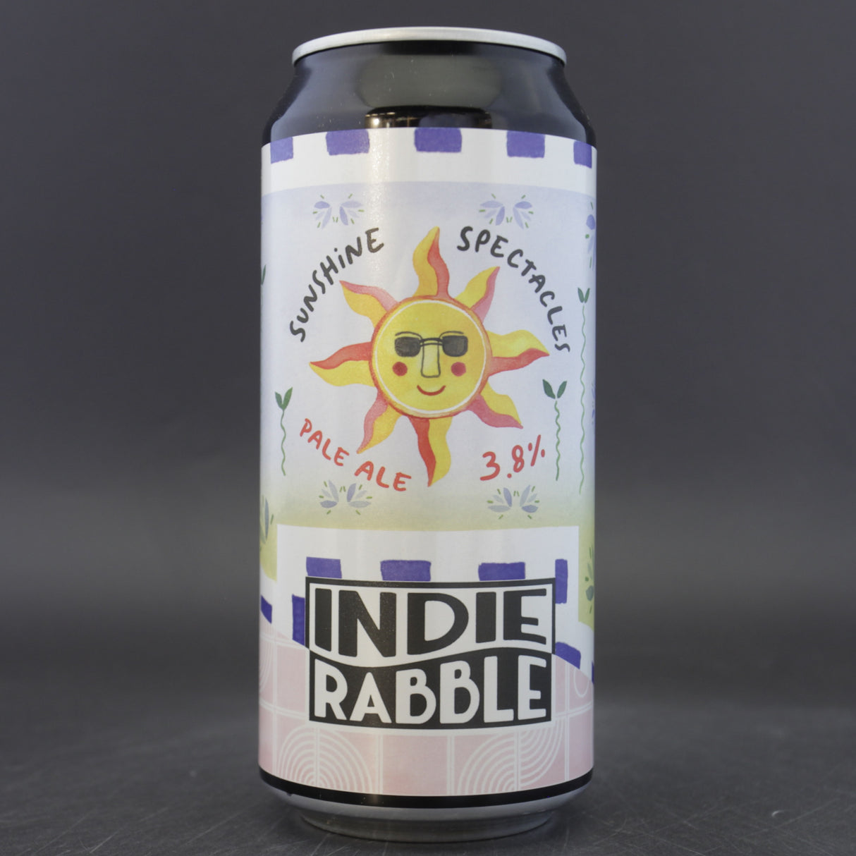 This is a can of Indie Rabble - Sunshine Spectacles - 3.8% (440ml). It is a Pale Ale craft beer available to buy from Ghost Whale, voted London's best craft beer shop.