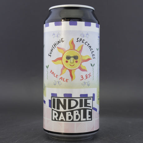 This is a can of Indie Rabble - Sunshine Spectacles - 3.8% (440ml). It is a Pale Ale craft beer available to buy from Ghost Whale, voted London's best craft beer shop.