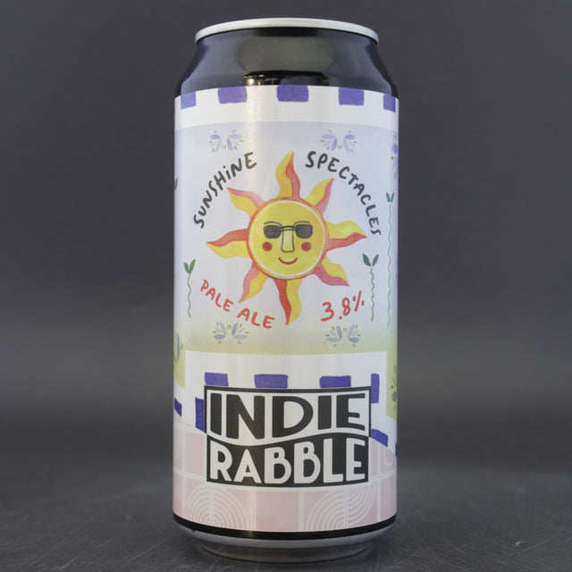 This is a can of Indie Rabble - Sunshine Spectacles - 3.8% (440ml). It is a Pale Ale craft beer available to buy from Ghost Whale, voted London's best craft beer shop.