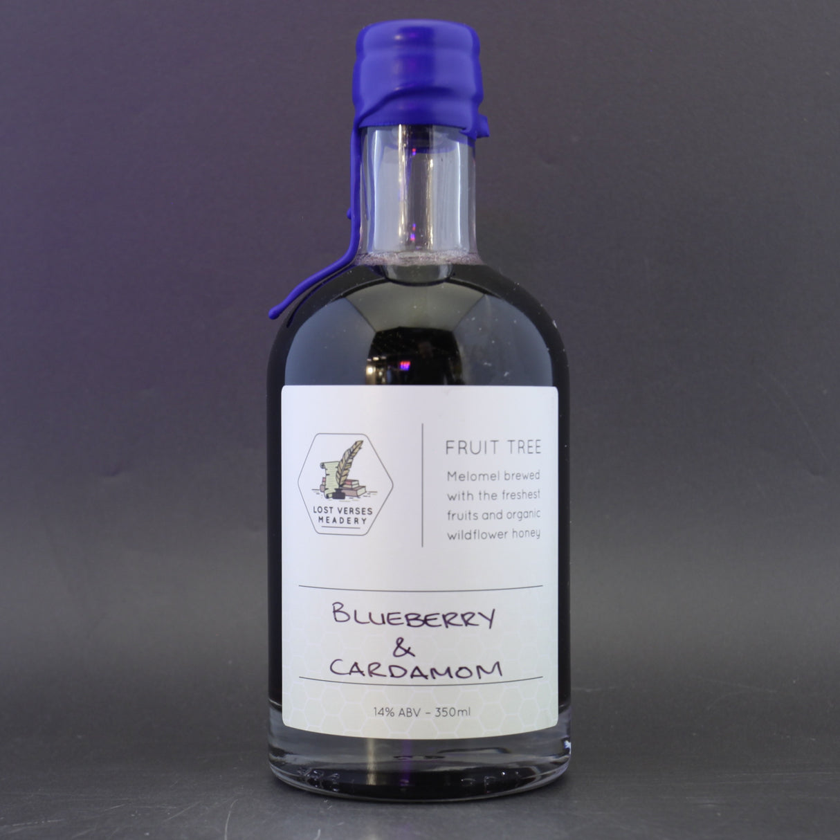 This is a bottle of Lost Verses Meadery - Fruit Tree: Blueberry Cardamom - 14% (350ml). It is a craft mead available to buy from Ghost Whale, voted London's best craft beer shop.