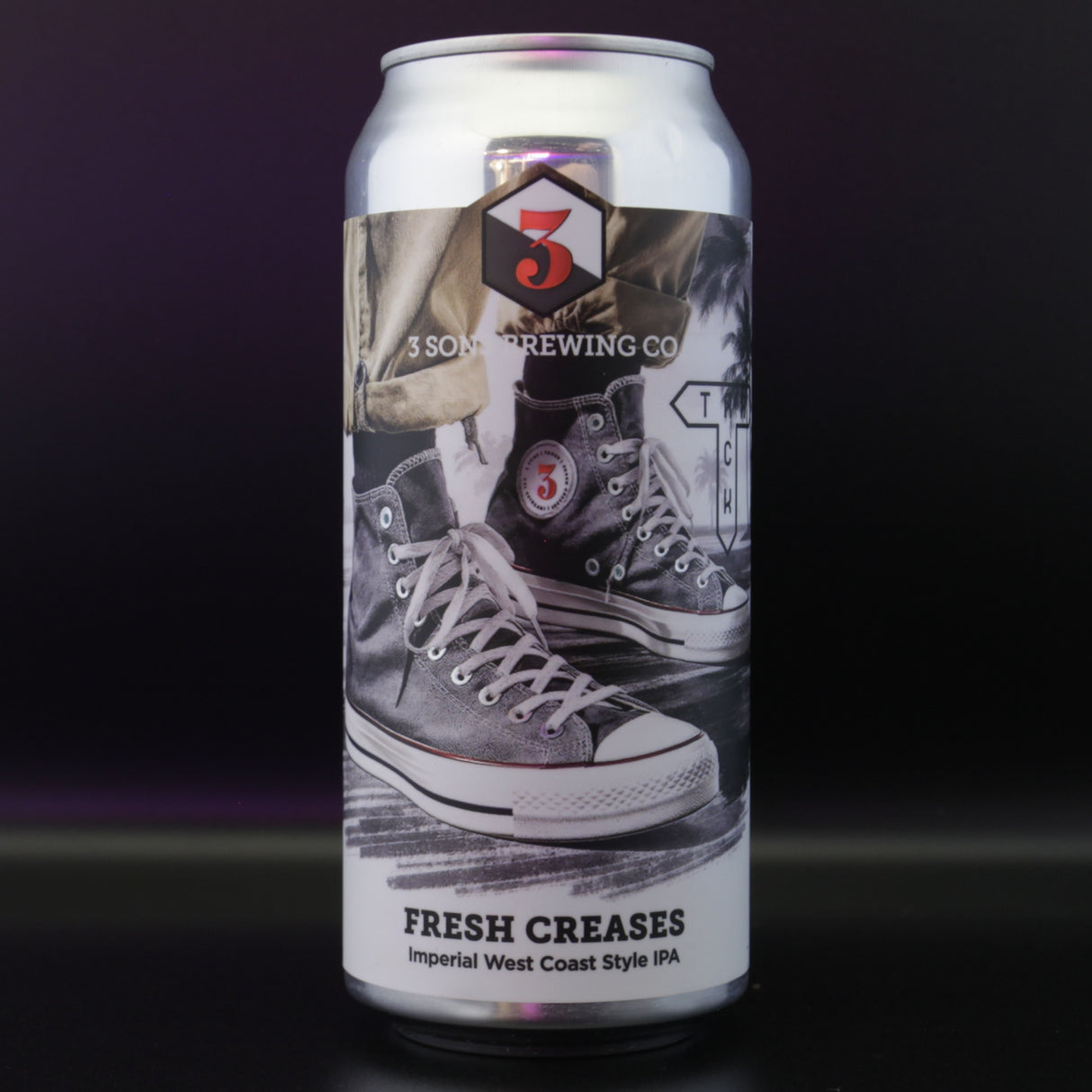 This is a can of 3 Sons / Track - Fresh Creases - 9% (473ml). It is a Double IPA craft beer available to buy from Ghost Whale, voted London's best craft beer shop.
