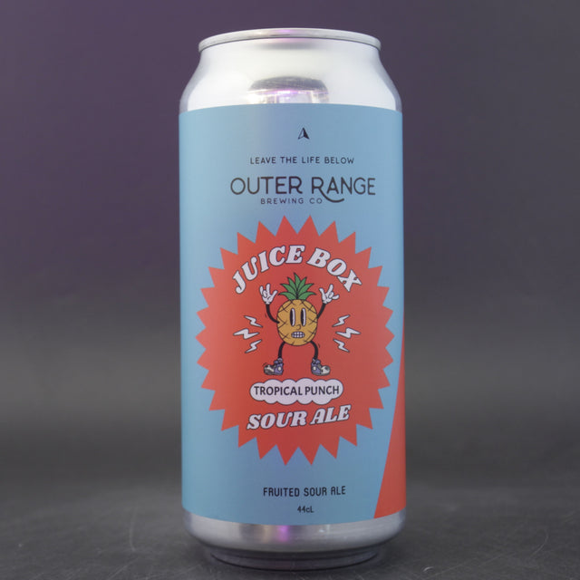This is a can of Outer Range - Juice Box - Tropical Punch - 4% (440ml). It is a Sour craft beer available to buy from Ghost Whale, voted London's best craft beer shop.