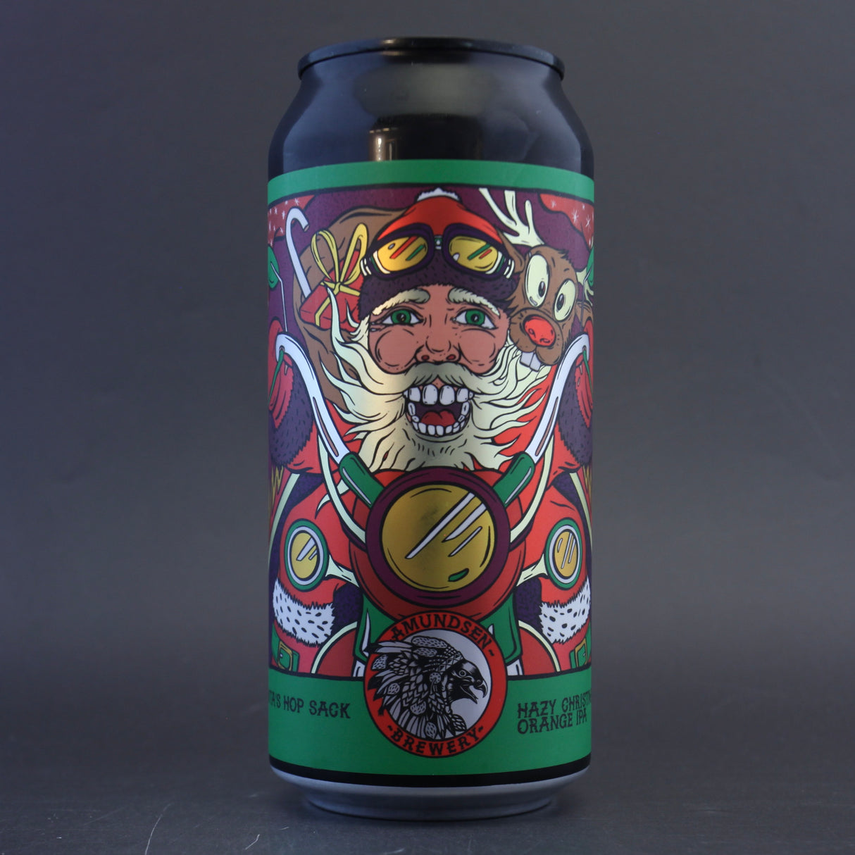 This is a can of Amundsen - Santas Hop Sack - 5.3% (440ml). It is a IPA craft beer available to buy from Ghost Whale, voted London's best craft beer shop.