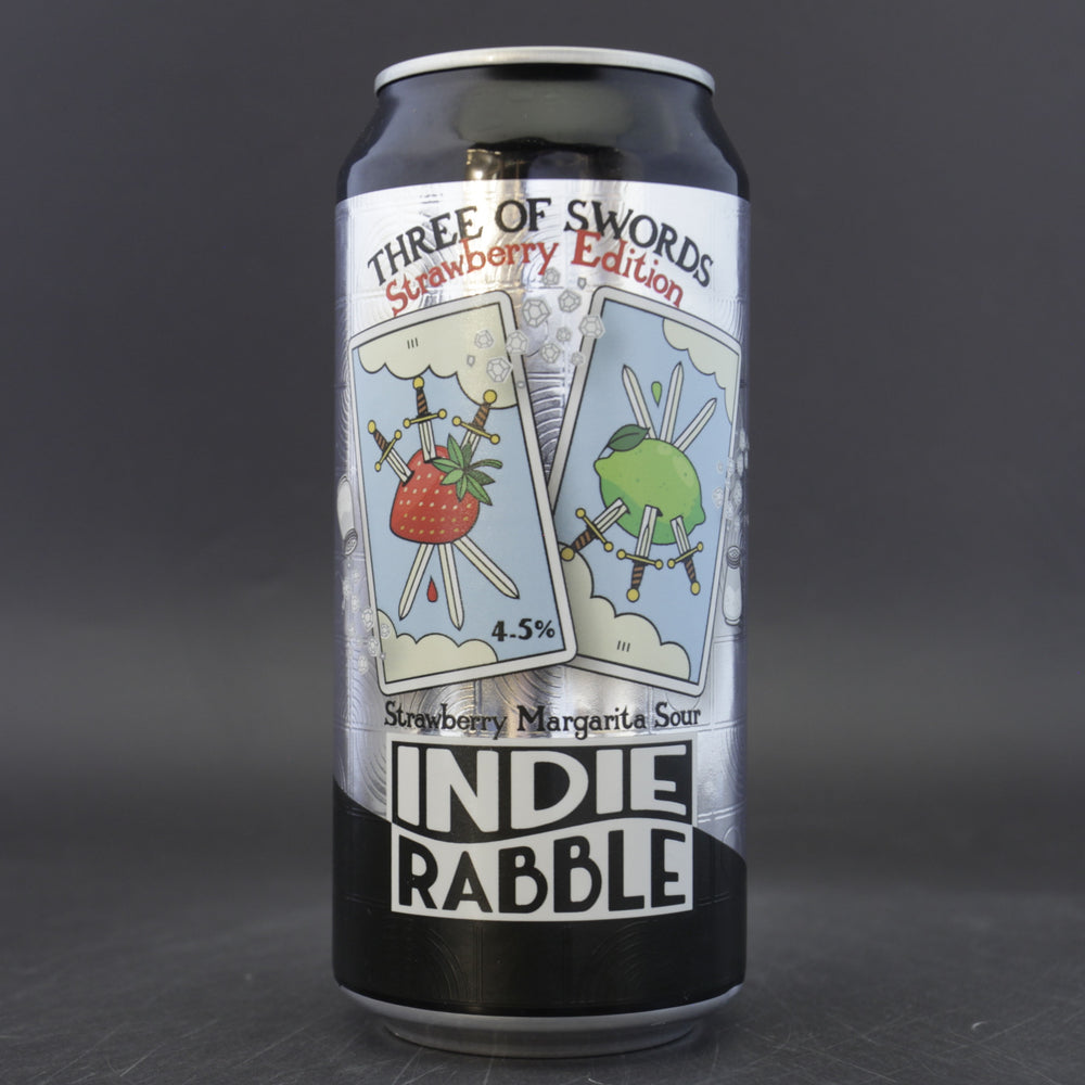 This is a can of Indie Rabble - Three Of Swords: Strawberry - 4.8% (440ml). It is a Sour craft beer available to buy from Ghost Whale, voted London's best craft beer shop.