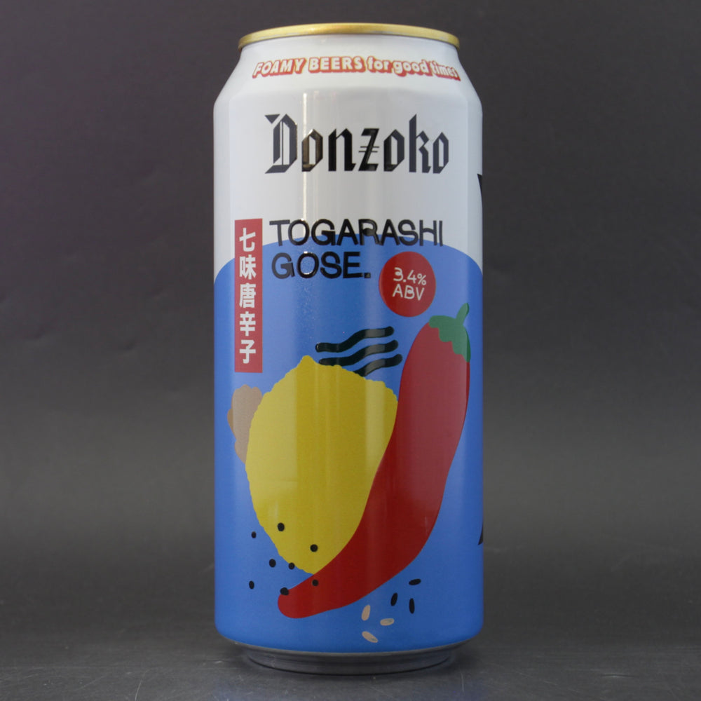 This is a can of Donzoko - Togarashi Gose - 3.4% (440ml). It is a Gose craft beer available to buy from Ghost Whale, voted London's best craft beer shop.
