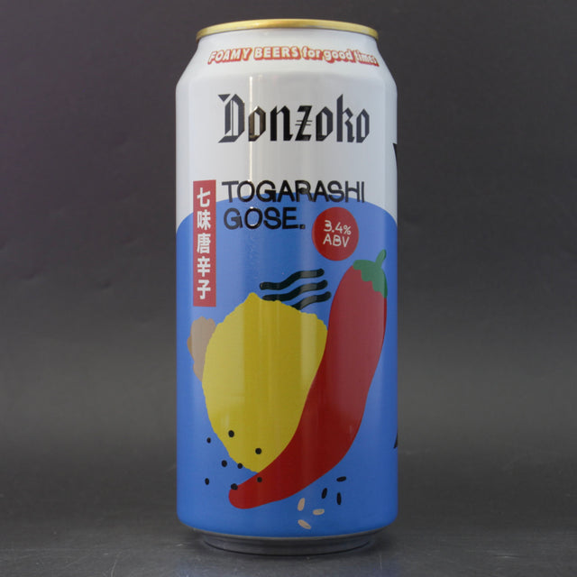 This is a can of Donzoko - Togarashi Gose - 3.4% (440ml). It is a Gose craft beer available to buy from Ghost Whale, voted London's best craft beer shop.