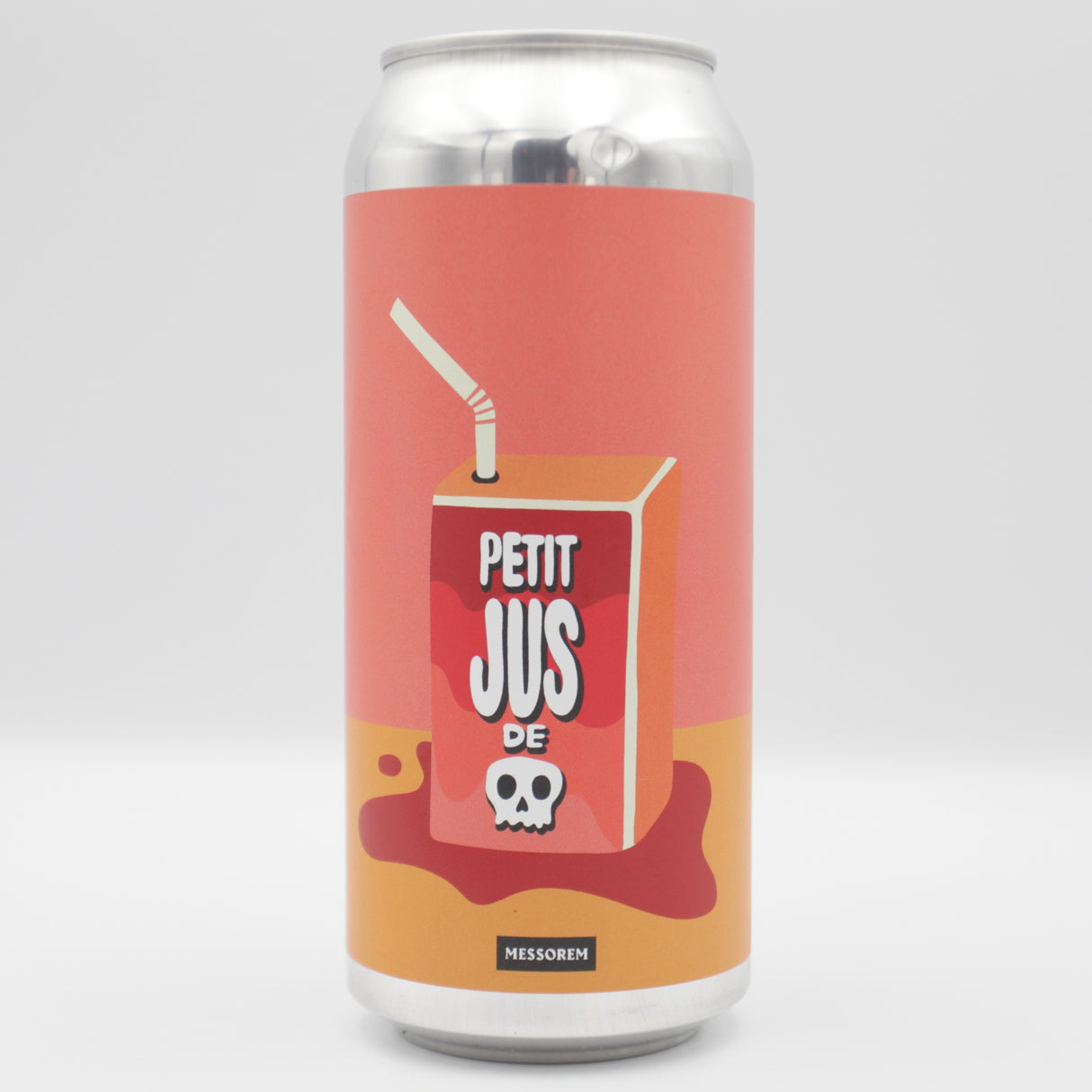 This is a can of Messorem - Petit Jus Mort: Framboise + Peche - 6% (473ml). It is a Sour craft beer available to buy from Ghost Whale, voted London's best craft beer shop.