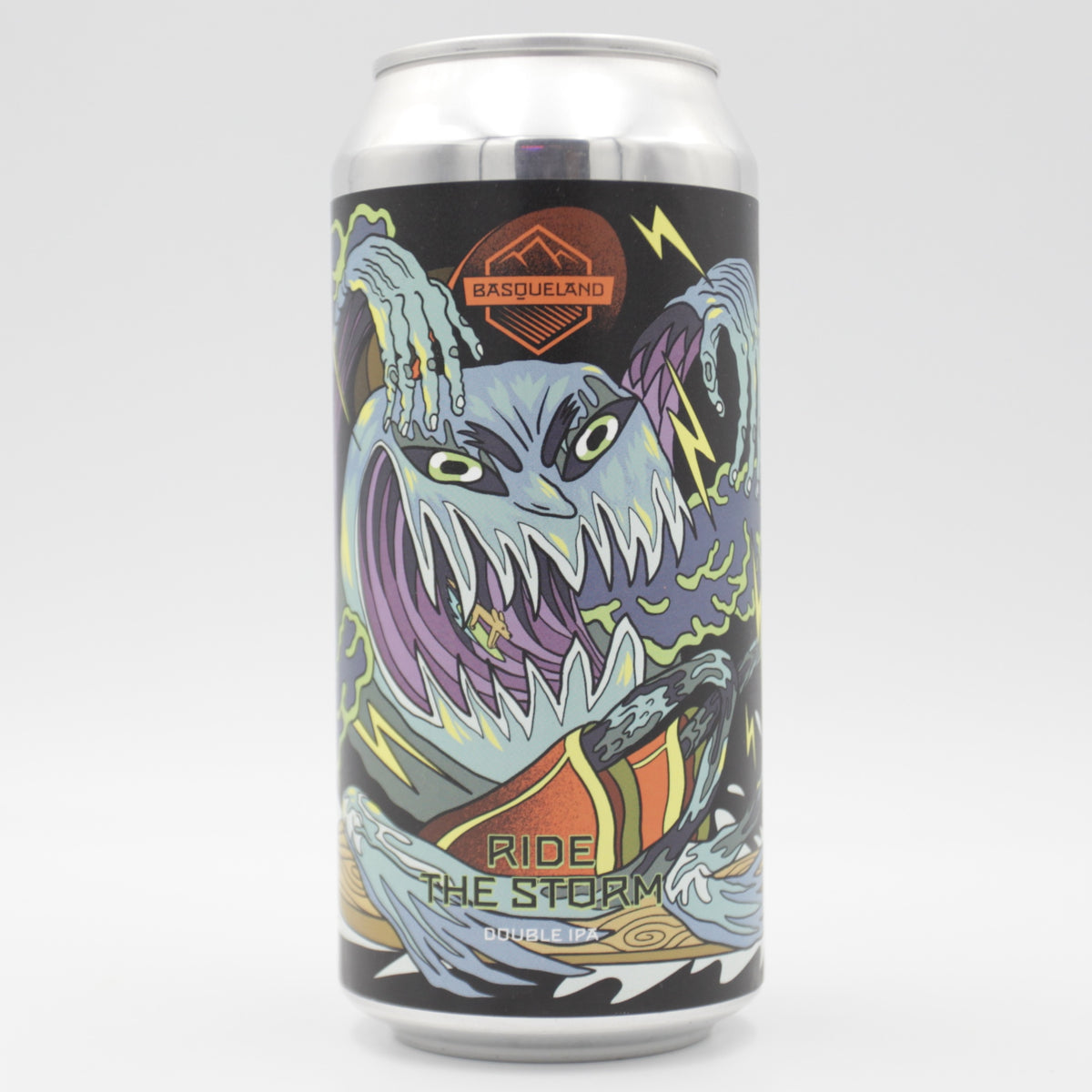 This is a can of Basqueland - Ride The Storm - 8% (440ml). It is a Double IPA craft beer available to buy from Ghost Whale, voted London's best craft beer shop.