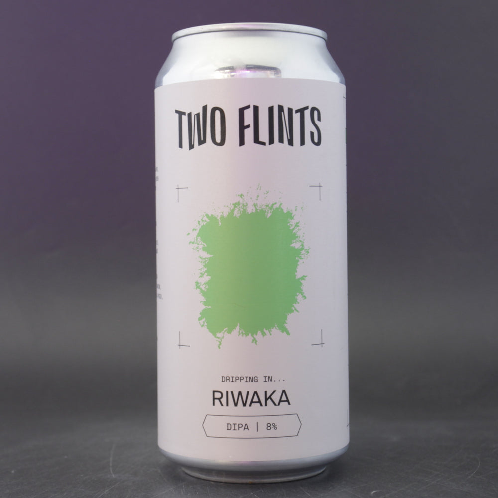 This is a can of Two Flints - Dripping In Riwaka - 8% (440ml). It is a Double IPA craft beer available to buy from Ghost Whale, voted London's best craft beer shop.
