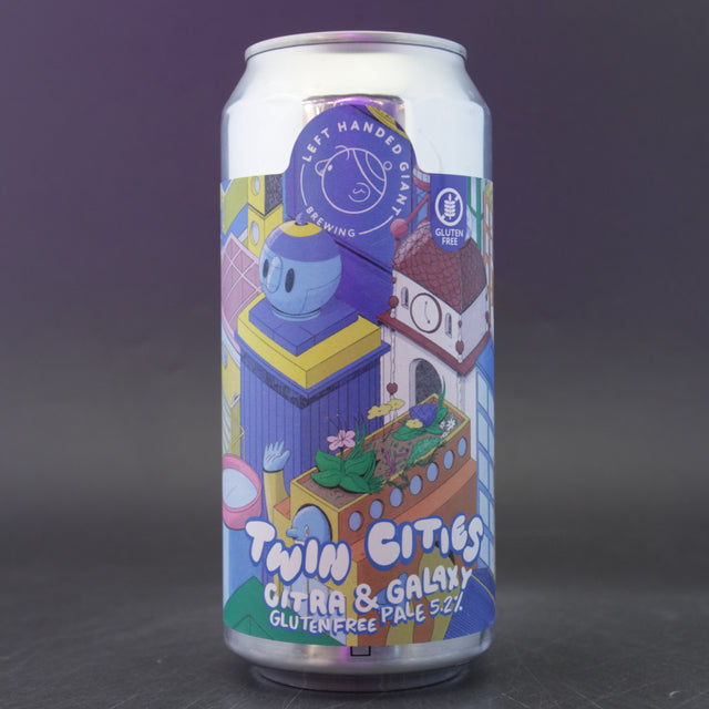This is a can of Left Handed Giant - Twin Cities: Citra & Galaxy - 5.2% (440ml). It is a Pale Ale craft beer available to buy from Ghost Whale, voted London's best craft beer shop.