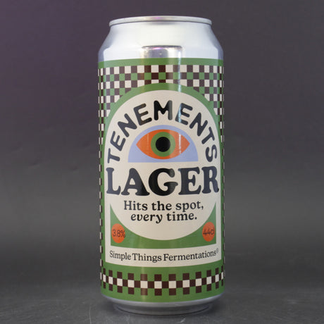 This is a can of Simple Things Fermentations - Tenements - 3.8% (440ml). It is a Lager / Pilsner / Kölsch craft beer available to buy from Ghost Whale, voted London's best craft beer shop.