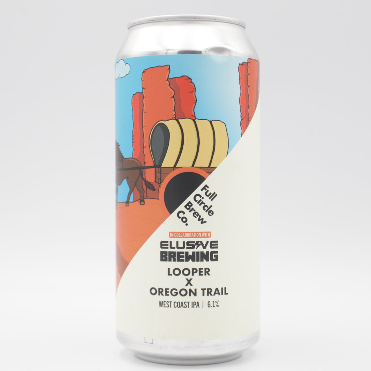 This is a can of Full Circle Brew Co / Elusive Brewing - Looper x Oregon Trail - 6.1% (440ml). It is a IPA craft beer available to buy from Ghost Whale, voted London's best craft beer shop.