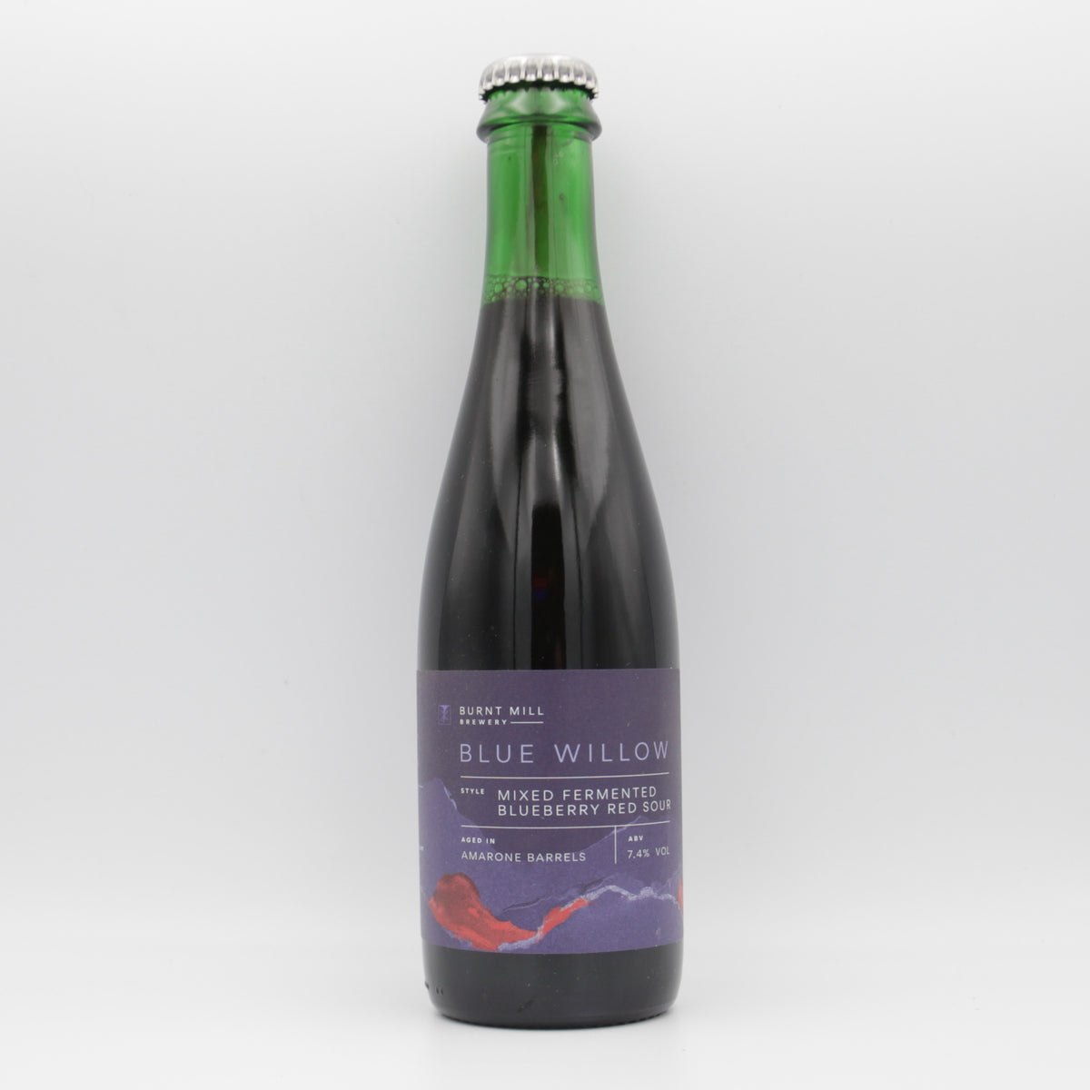 This is a bottle of Burnt Mill - Blue Willow - 7.4% (375ml). It is a Wild Ale craft beer available to buy from Ghost Whale, voted London's best craft beer shop.