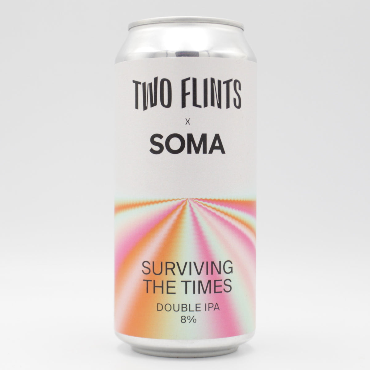 This is a can of Two Flints / SOMA - Surviving The Times - 8% (440ml). It is a Double IPA craft beer available to buy from Ghost Whale, voted London's best craft beer shop.