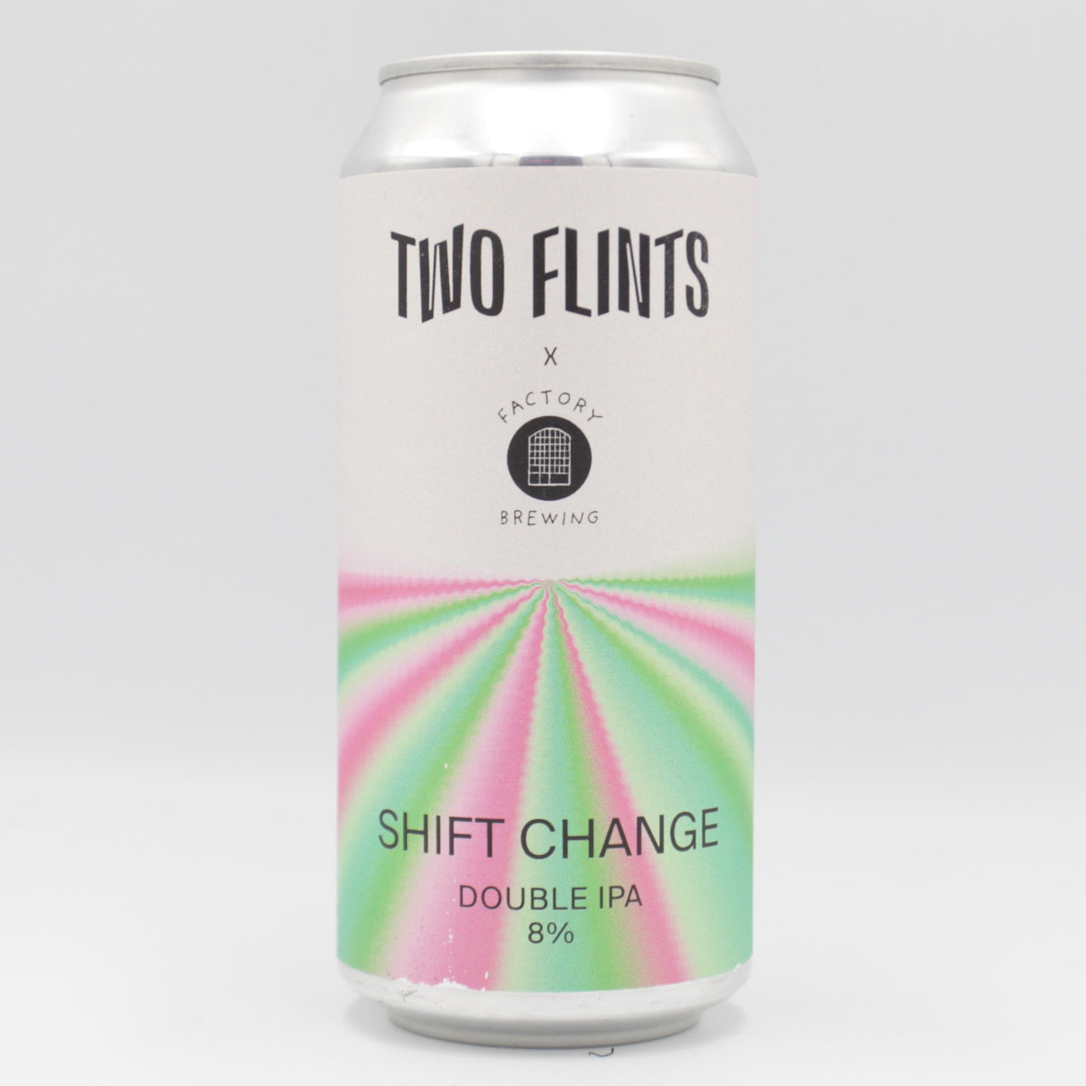 This is a can of Two Flints / Factory Brewing - Shift Change - 8% (440ml). It is a Double IPA craft beer available to buy from Ghost Whale, voted London's best craft beer shop.