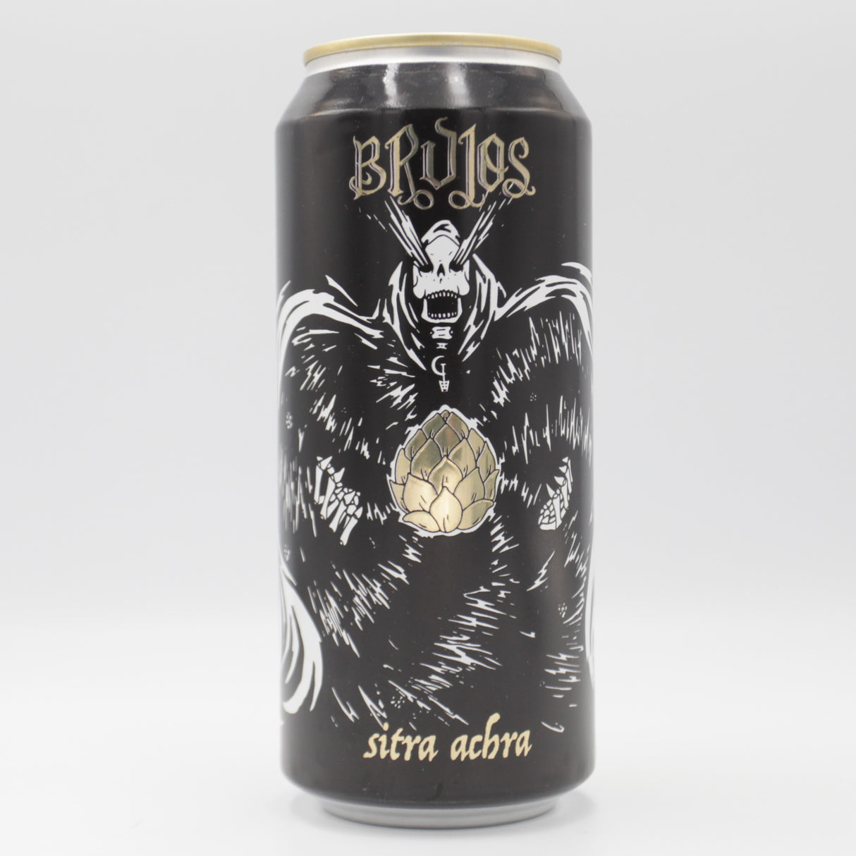 This is a can of Brujos - Sitra Achra - 9.2% (473ml). It is a Double IPA craft beer available to buy from Ghost Whale, voted London's best craft beer shop.