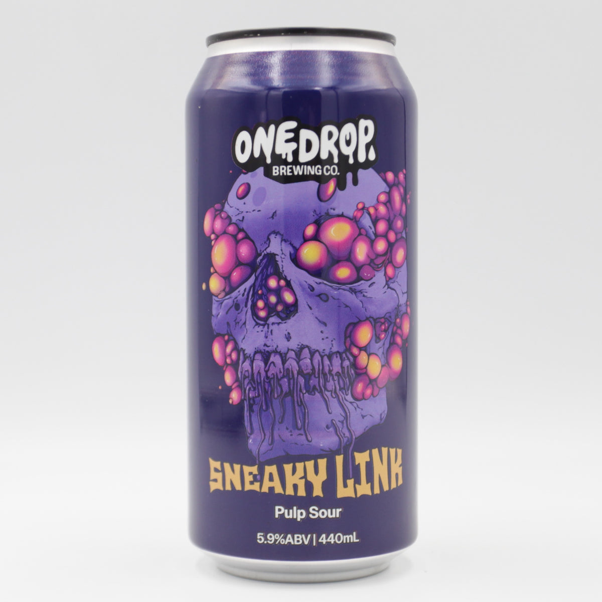 This is a can of One Drop - Sneaky Link - 5.9% (440ml). It is a Sour craft beer available to buy from Ghost Whale, voted London's best craft beer shop.