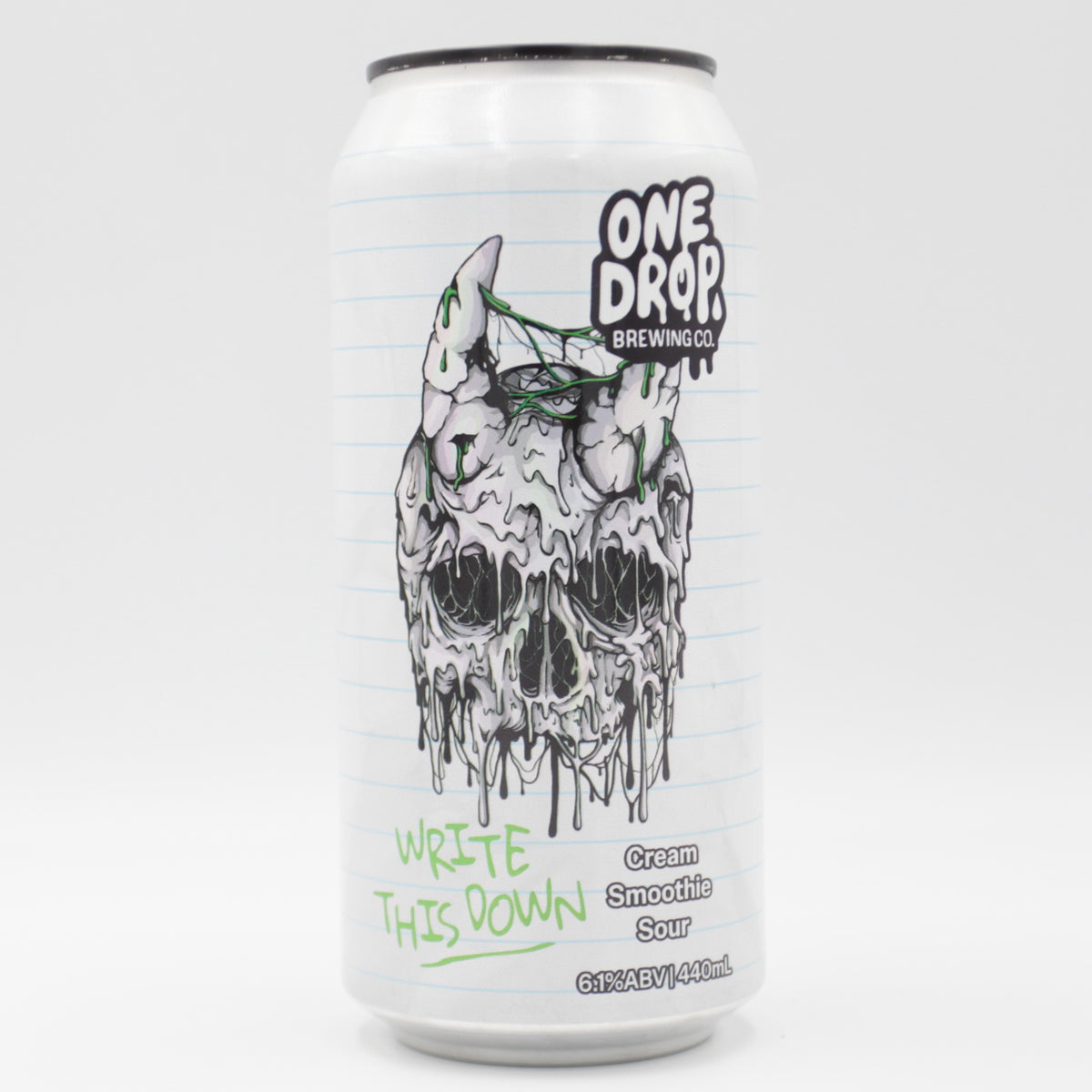 This is a can of One Drop - Write This Down - 6.1% (440ml). It is a Sour craft beer available to buy from Ghost Whale, voted London's best craft beer shop.