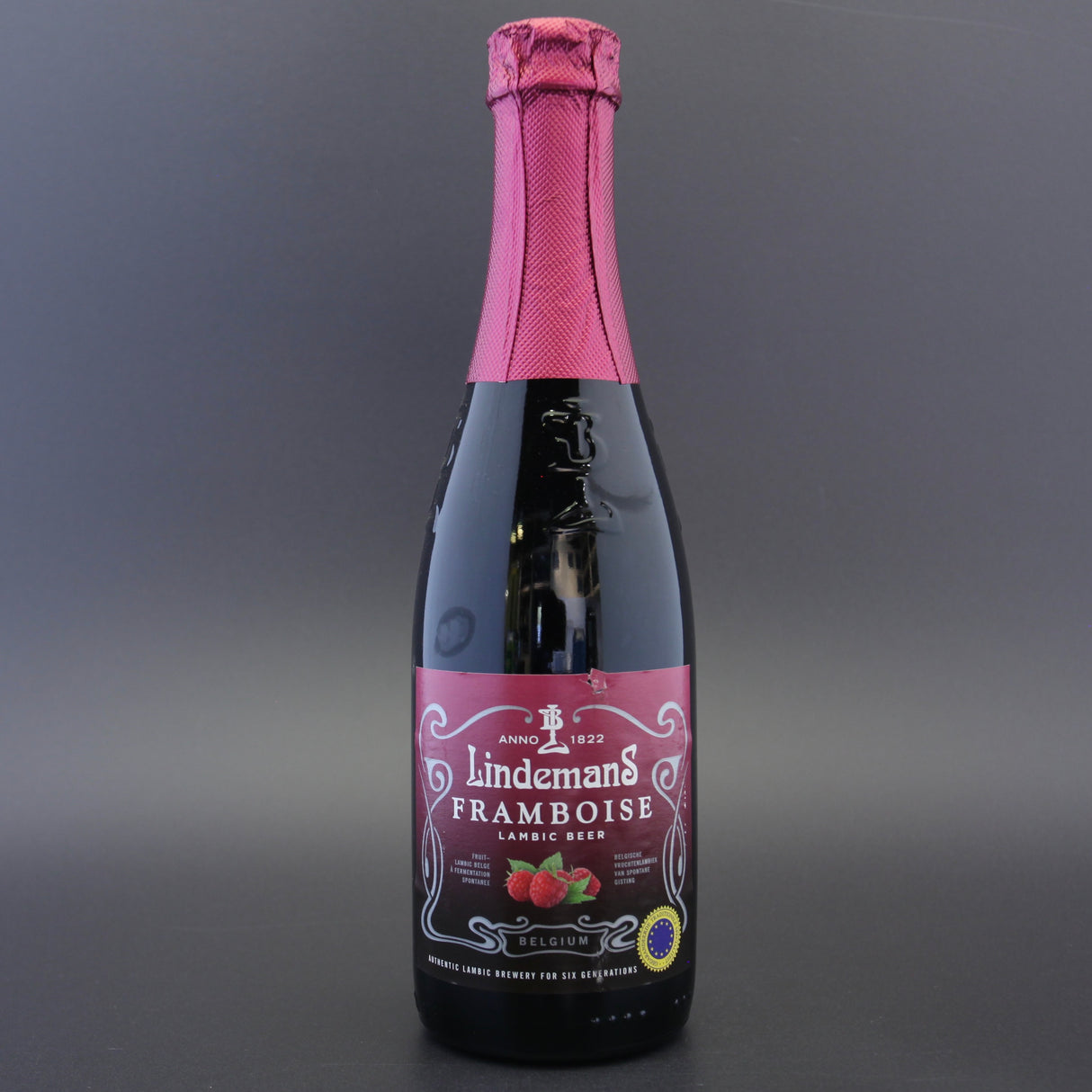 This is a bottle of Lindemans - Framboise - 2.5% (355ml). It is a Belgian Style craft beer available to buy from Ghost Whale, voted London's best craft beer shop.