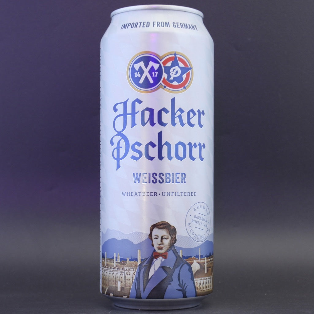 This is a can of Hacker Pschorr - Weissbier - 5.5% (500ml). It is a Wit / Wheat craft beer available to buy from Ghost Whale, voted London's best craft beer shop.
