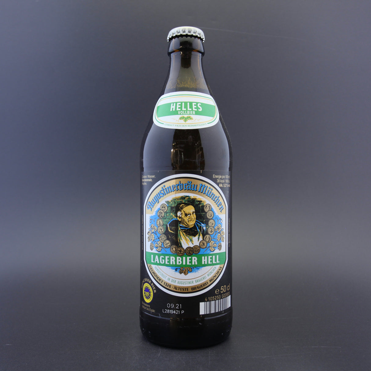 This is a bottle of Augustiner - Lagerbier Hell - 5.2% (500ml). It is a Lager / Pilsner / Kölsch craft beer available to buy from Ghost Whale, voted London's best craft beer shop.