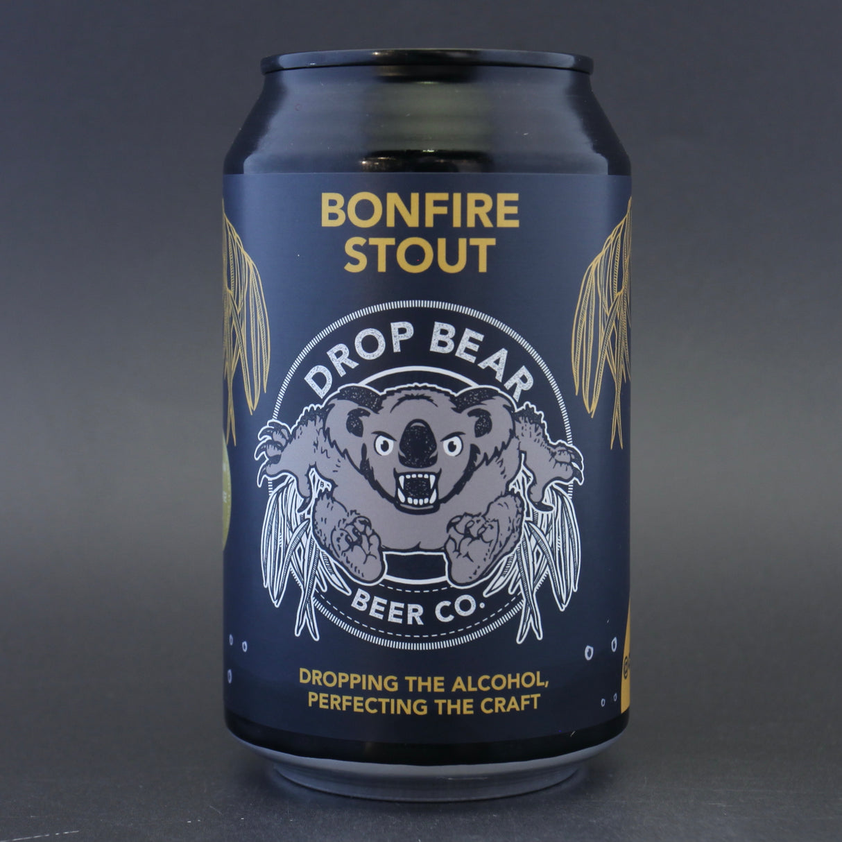 This is a can of Drop Bear - Bonfire Stout - 0.5% (330ml). It is a Stout / Porter craft beer available to buy from Ghost Whale, voted London's best craft beer shop.