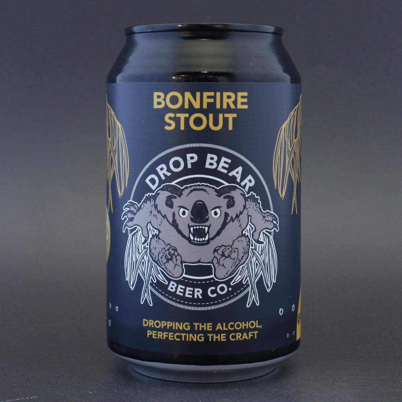 This is a can of Drop Bear - Bonfire Stout - 0.5% (330ml). It is a Stout / Porter craft beer available to buy from Ghost Whale, voted London's best craft beer shop.