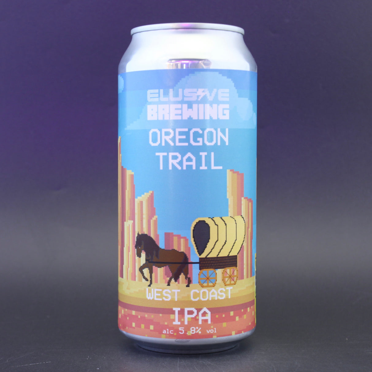 This is a can of Elusive Brewing - Oregon Trail - 5.8% (440ml). It is a IPA craft beer available to buy from Ghost Whale, voted London's best craft beer shop.