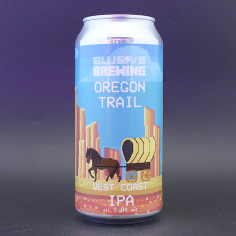 This is a can of Elusive Brewing - Oregon Trail - 5.8% (440ml). It is a IPA craft beer available to buy from Ghost Whale, voted London's best craft beer shop.