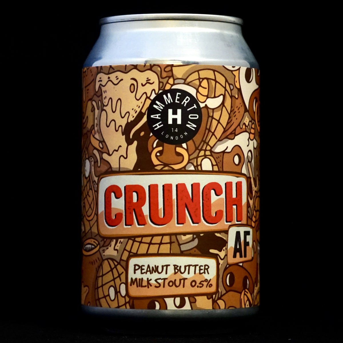 This is a can of Hammerton - Crunch AF - 0.5% (330ml). It is a Stout / Porter craft beer available to buy from Ghost Whale, voted London's best craft beer shop.