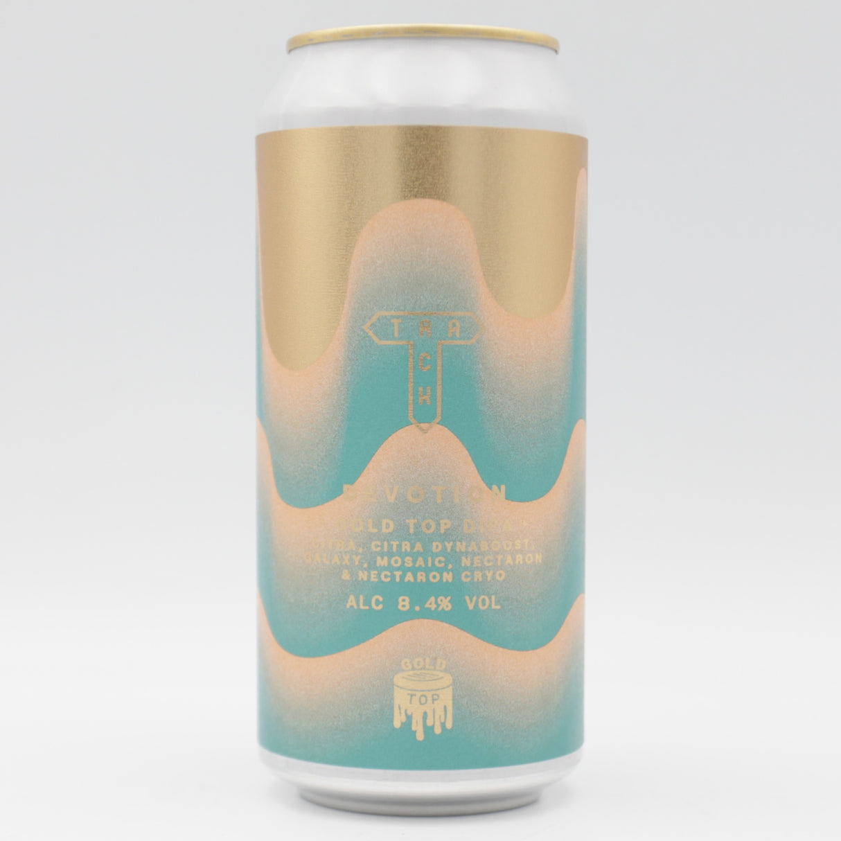 This is a can of Track - Gold Top: Devotion - 8.4% (440ml). It is a Double IPA craft beer available to buy from Ghost Whale, voted London's best craft beer shop.