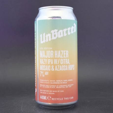 This is a can of UnBarred - Major Hazer - 7% (440ml). It is a Triple IPA craft beer available to buy from Ghost Whale, voted London's best craft beer shop.