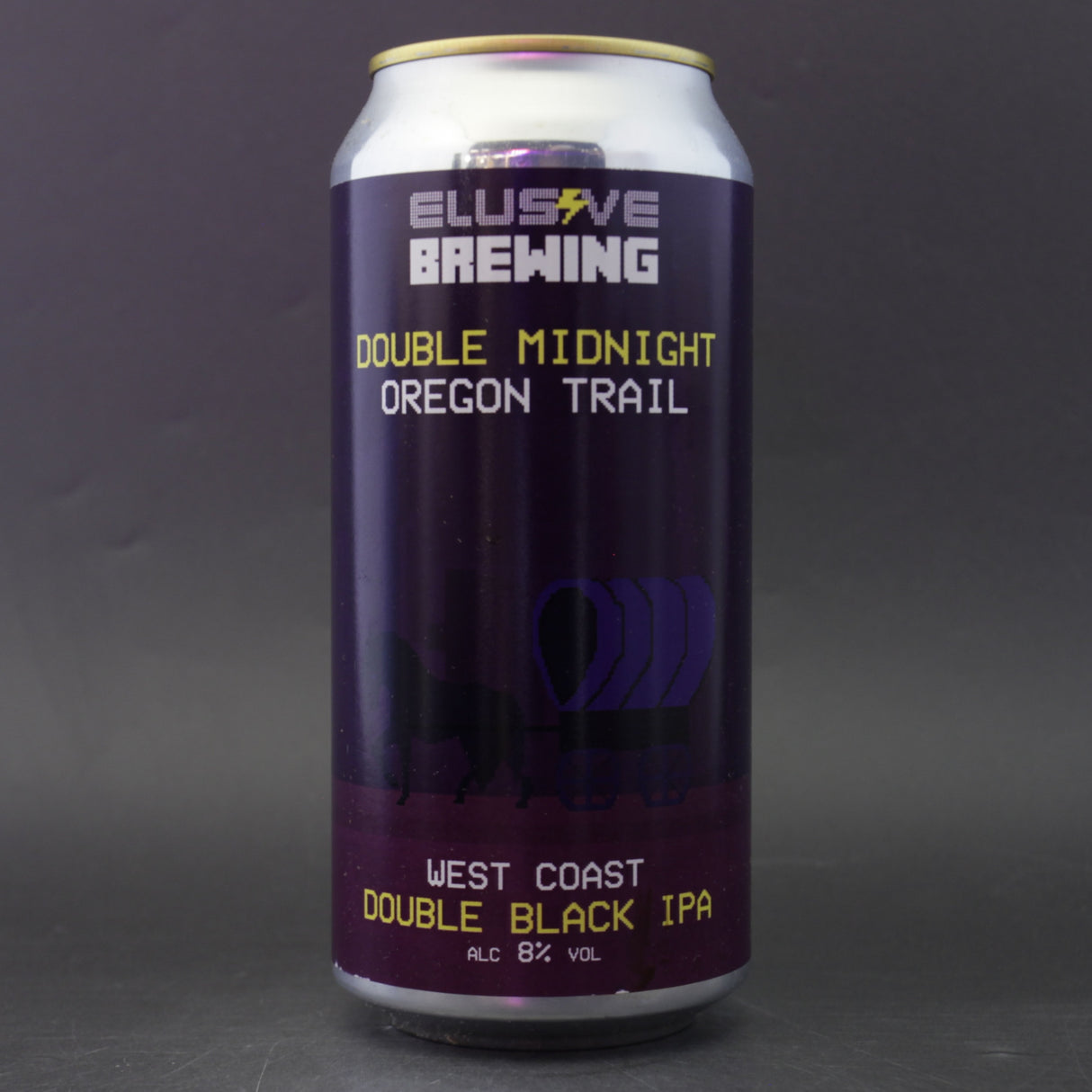 This is a can of Elusive Brewing - Double Midnight Oregon Trail - 8% (440ml). It is a Double IPA craft beer available to buy from Ghost Whale, voted London's best craft beer shop.