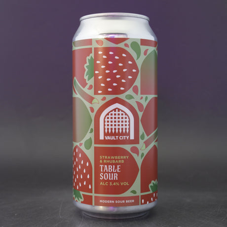 This is a can of Vault City - Strawberry & Rhubarb Table Sour - 3.4% (440ml). It is a Sour craft beer available to buy from Ghost Whale, voted London's best craft beer shop.