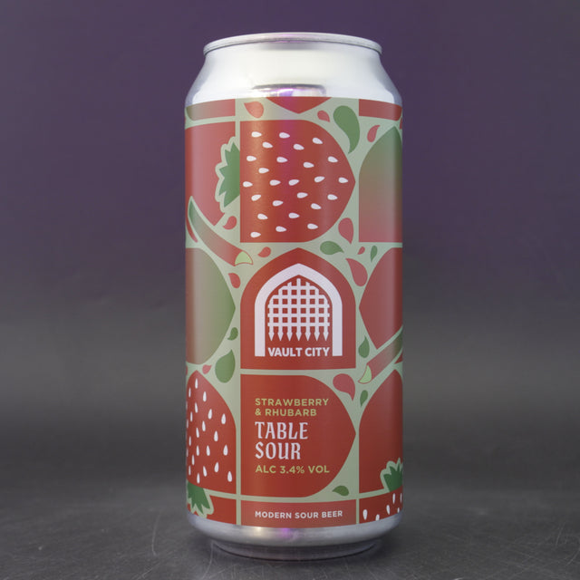 This is a can of Vault City - Strawberry & Rhubarb Table Sour - 3.4% (440ml). It is a Sour craft beer available to buy from Ghost Whale, voted London's best craft beer shop.