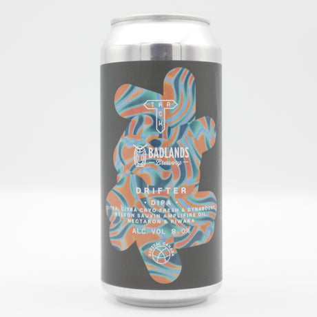 This is a can of Track / Badlands - Drifter - 8% (440ml). It is a Double IPA craft beer available to buy from Ghost Whale, voted London's best craft beer shop.
