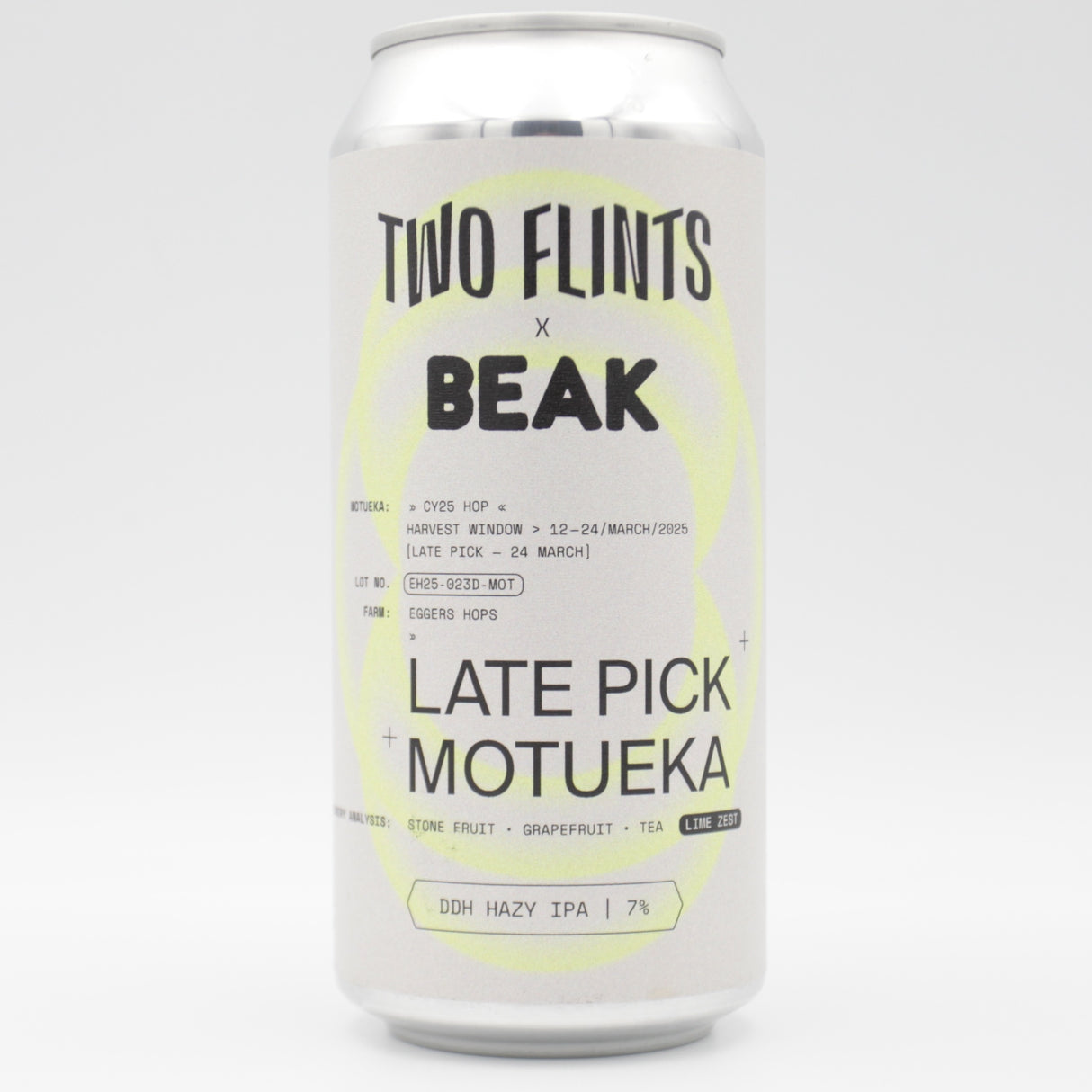 This is a can of Two Flints - Late Pick Motueka - 7% (440ml). It is a IPA craft beer available to buy from Ghost Whale, voted London's best craft beer shop.
