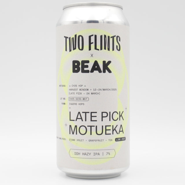 This is a can of Two Flints - Late Pick Motueka - 7% (440ml). It is a IPA craft beer available to buy from Ghost Whale, voted London's best craft beer shop.